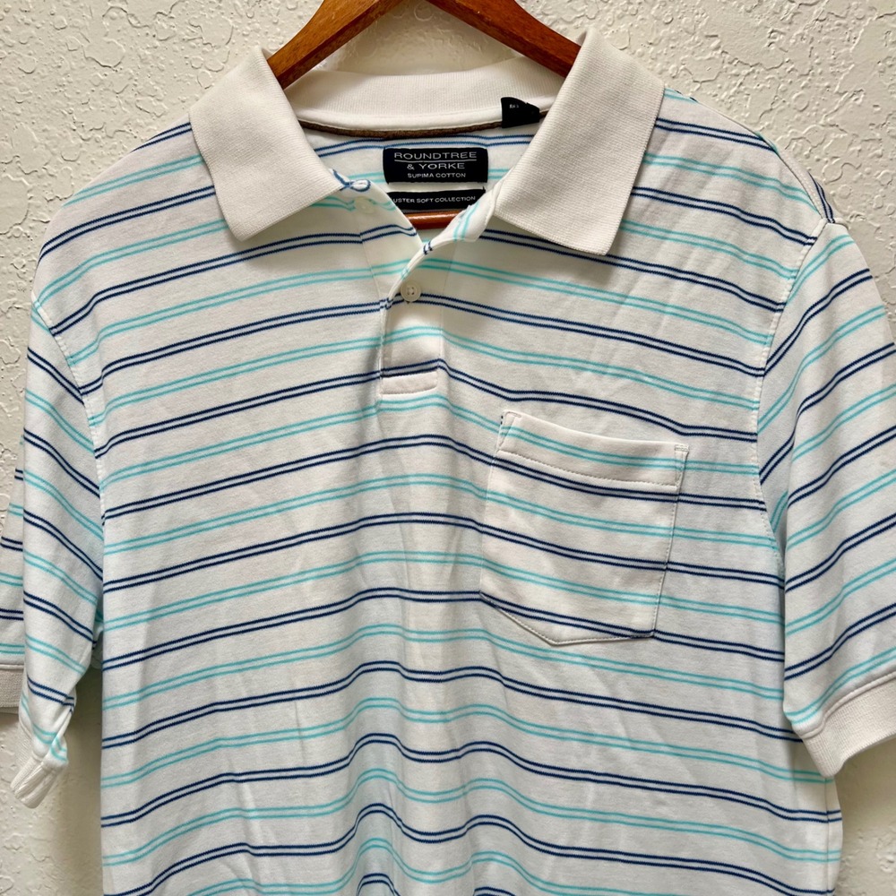 Roundtree & Yorke Mens Polo Shirt Size M Supima Cotton Blue Stripe‎ Short Sleeve